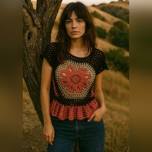 Handmade Boho Crochet Peplum Top Pink Black Floral Festival Style